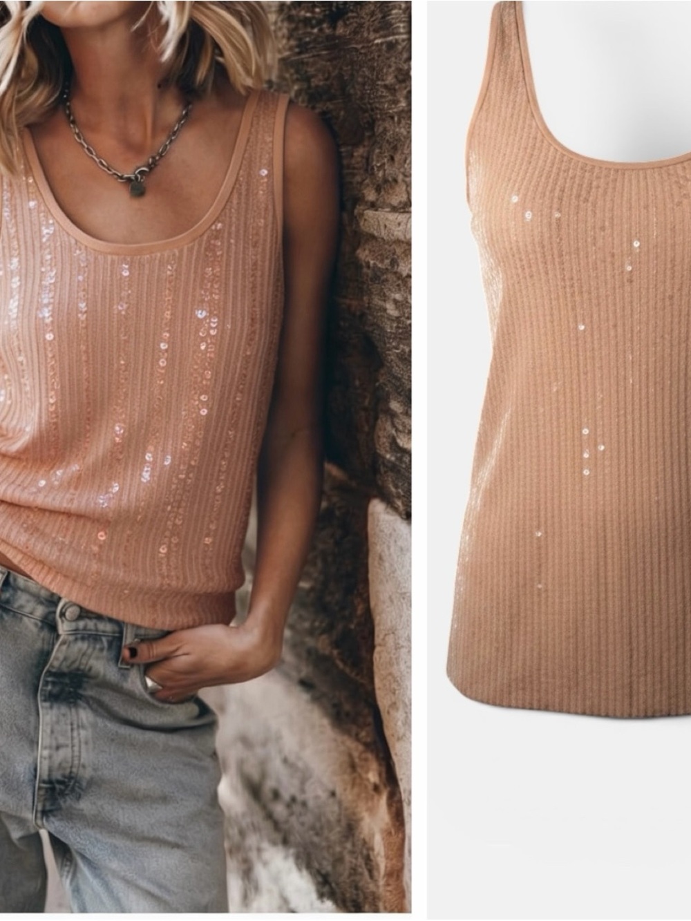 Ann Taylor Peach Sequin Ribbed Tank